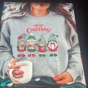 Merry Christmas Gnomes Gray Graphic Pullover Sweatshirt